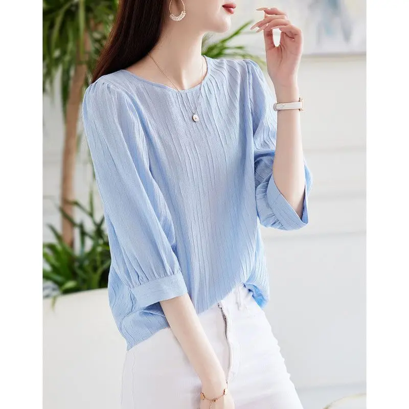 2023 Texture Button Chiffon Shirt Summer Crew Neck Azure Blue Chic Pullover Half Lantern Sleeve Pleated Fashion Women Blouses