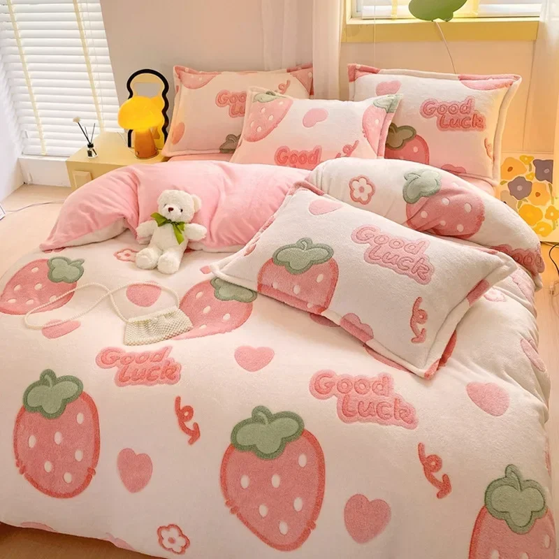 Winter Thickened Coral Fleece Duvet Cover 4pc Set Milk Fleece Bed Sheet Quilt Cover Flannel Bed Snowflake Fleece Bedding Set