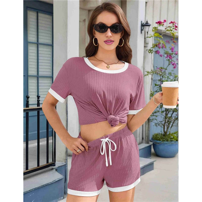 ABRT-Comfy Summer Sets With Pockets Loose Fit Color Block Design Matching 2 Piece Sets With Drawstring Waist