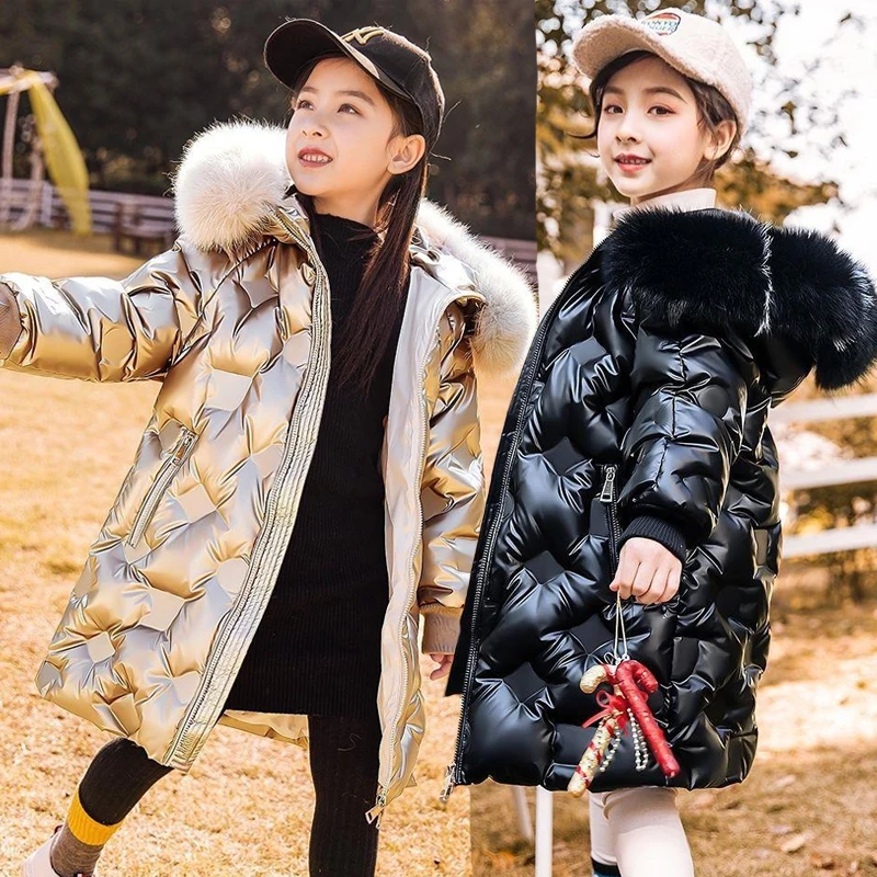 5–14 Jahre Teenager-Mädchen-Winterjacke, großer Pelzkragen, langer Stil, kältebeständiger Kapuzenmantel für Kinder, dicke, warme Kleidung