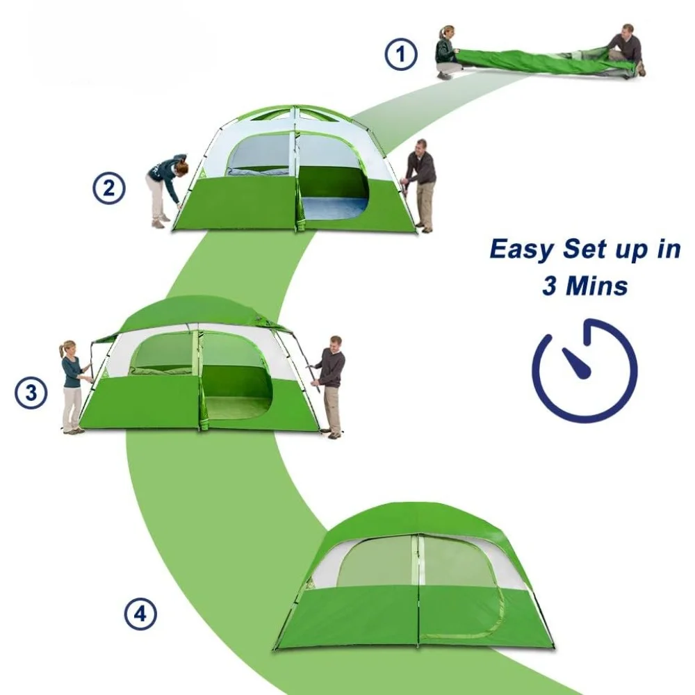 6Person-Camping-Tents, Waterproof Windproof Family Tent with Top Rainfly, 4 Large Mesh Windows, Double Layer, Easy Set Up