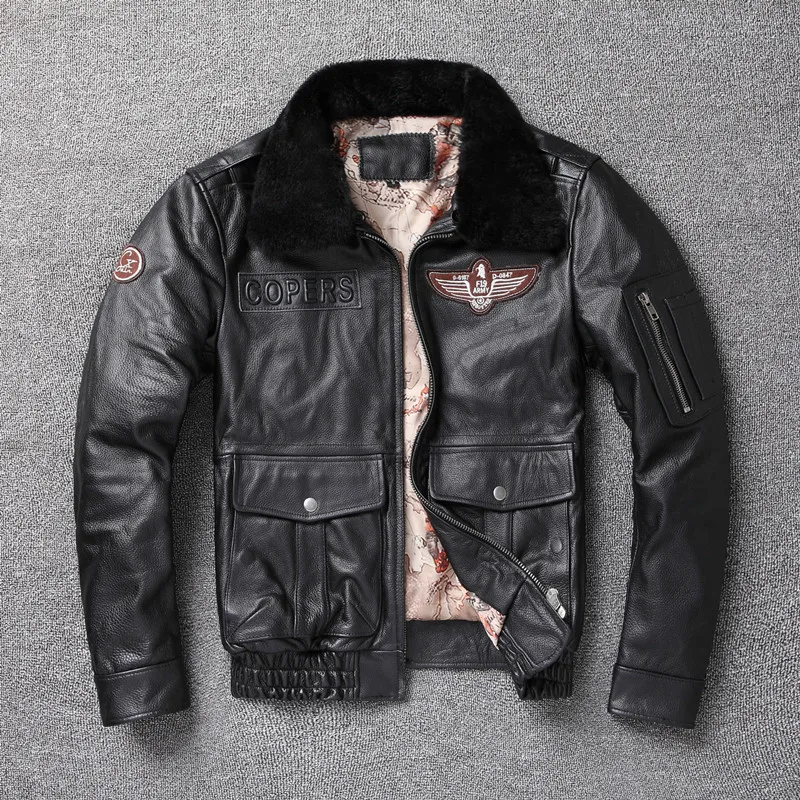 2026 New Winter Men's Warm Cowhide Top Coat Leather Bomber Jacket Detachable Fur Collar Plus Cotton Plus-size Leather for Men
