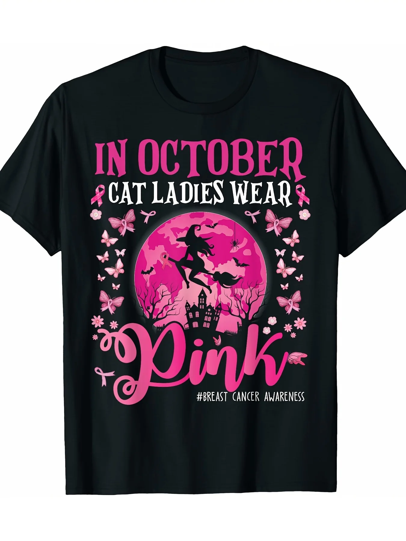 تي شيرت للتوعية بسرطان الثدي অক্টোবর Pink Catwoman Graphic - تي شيرت كاجوال 100% قطن بأكمام قصيرة ورقبة دائرية مع هندسي