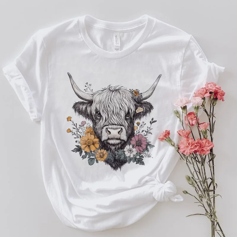 

Cow Head Flower Summer Women's Short Sleeved Round Neck Women's Regular T-Shirt Fashionable Printed Pattern Retro Casual Top