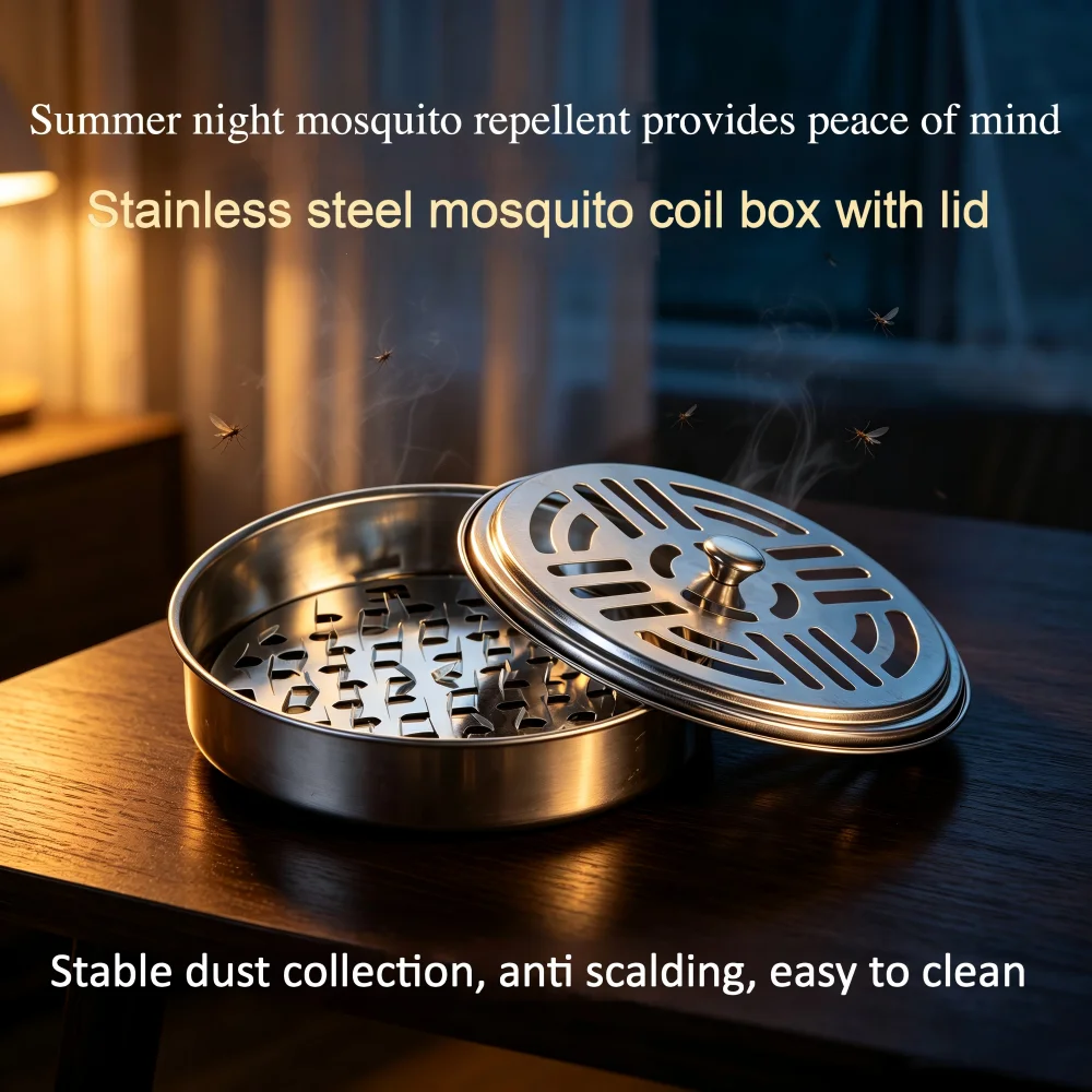 Stainless Steel Mosquito Coil Holder With Cover Portable Anti‑Scald Mosquito Coil Tray Ash Box Incense Burner for Home Camping