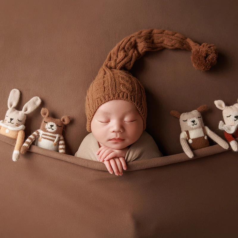 Cute Theme Baby Photography Props Newborn Photo Knitted Animal Dolls Combination Boys And Girls Photo Hat Head Flower Accessorie