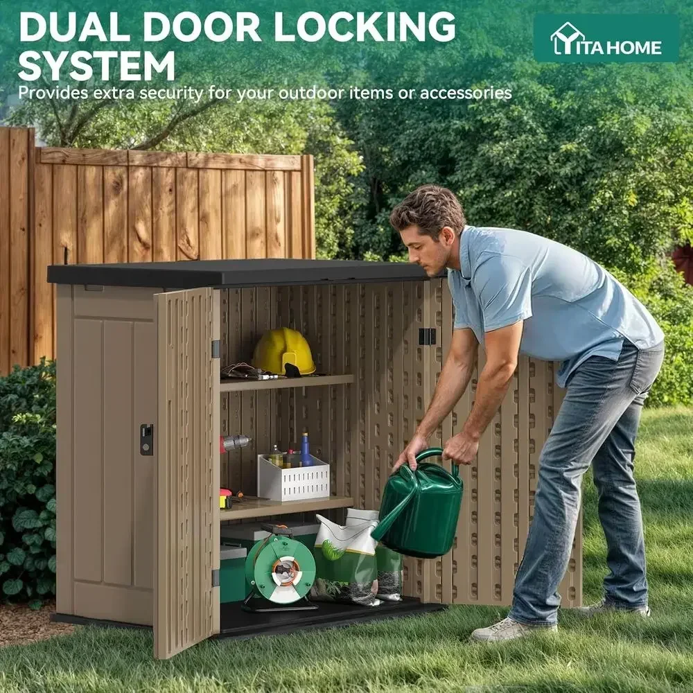 Weatherproof Horizontal Storage Cabinet with 2 Shelves, Lockable, 15 Cubic Feet, Suitable for Patio, Garden, Yard, Brown