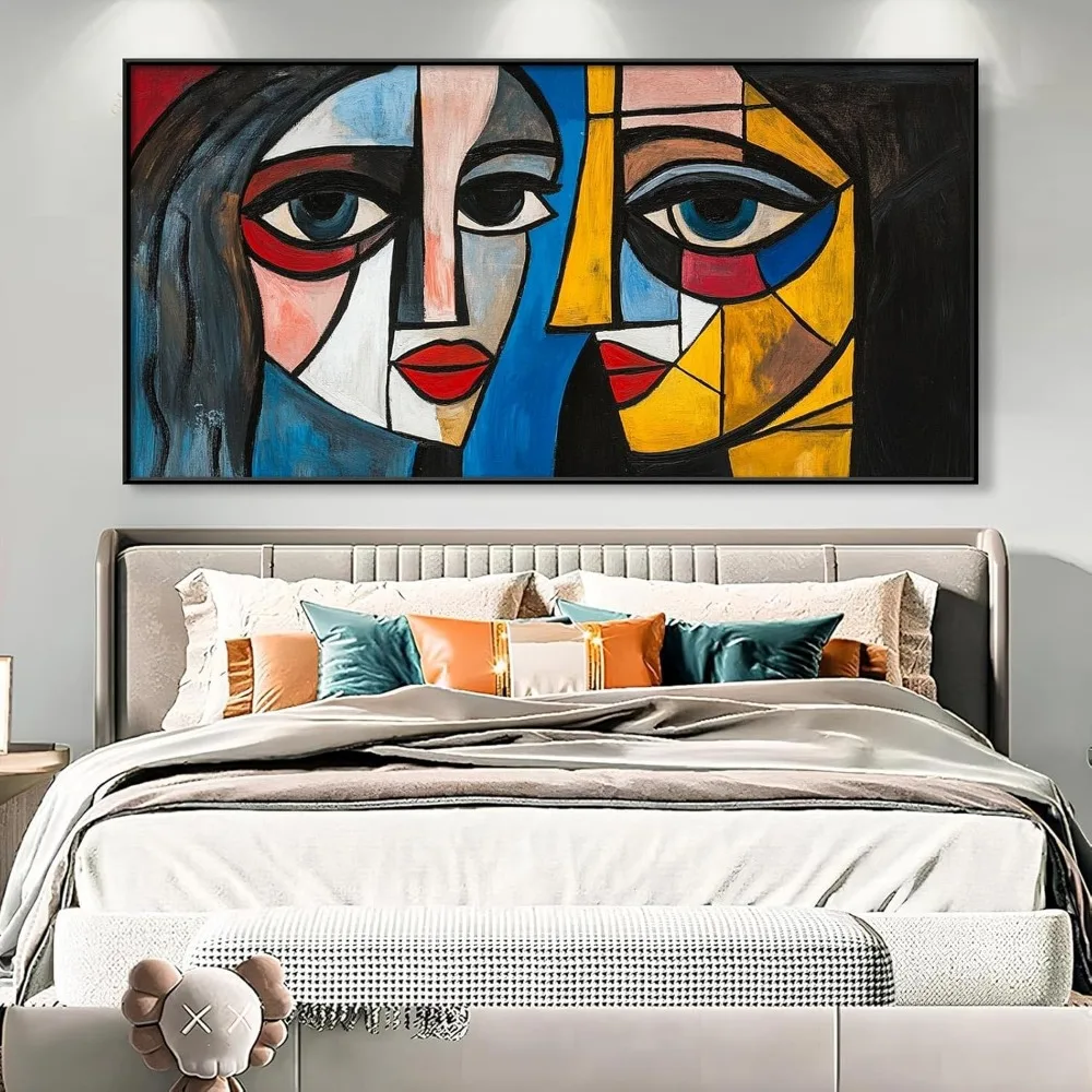 Seni Kanvas Wajah Wanita Abstrak, Lukisan Kubisme Picasso, Dekorasi Dinding Ruang Tamu (Bingkai Hitam, 62"x31" |   160x80cm)
