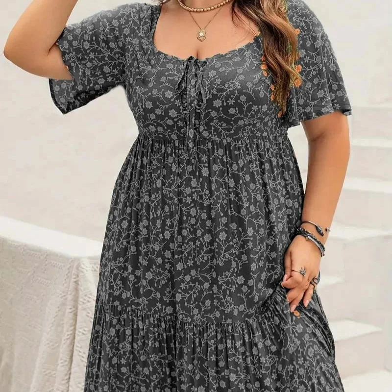 

Frauen Bekleidung Round Neck Short Sleeve Floral Print Slim Dress Women's Summer New Loose Long Breathable Floral Camping Dress