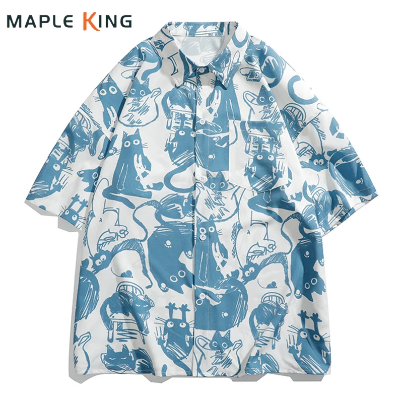 Summer Beach Shirt for Men Funny Cat Printed Camisa Hawaiana Hombre Harajuku Casual Button Up Shirts Hip Hop Cardigan Streetwear