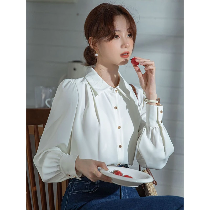 

White Puff Sleeve Korean Loose Simplicity Office Lady Polo Collar Shirts Women Spring Summer Fashion All-match Temperament Tops
