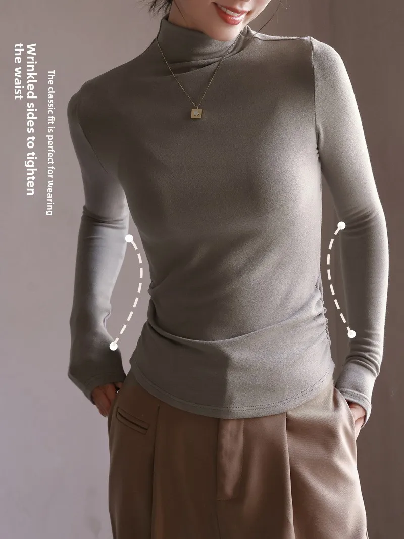 

Женская термофутболка с длинным рукавом из модала с получерепаховым воротником, однотонный многослойный топ, базовый мягкий теплый стандартный крой