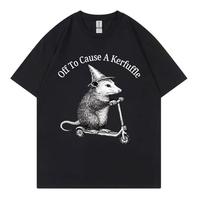 Off To Cause A Kerfuffle Opossum Scooter Funny T-shirt High Street Fashion Trend T Shirt Men Women Casual Loose Summer T-shirts