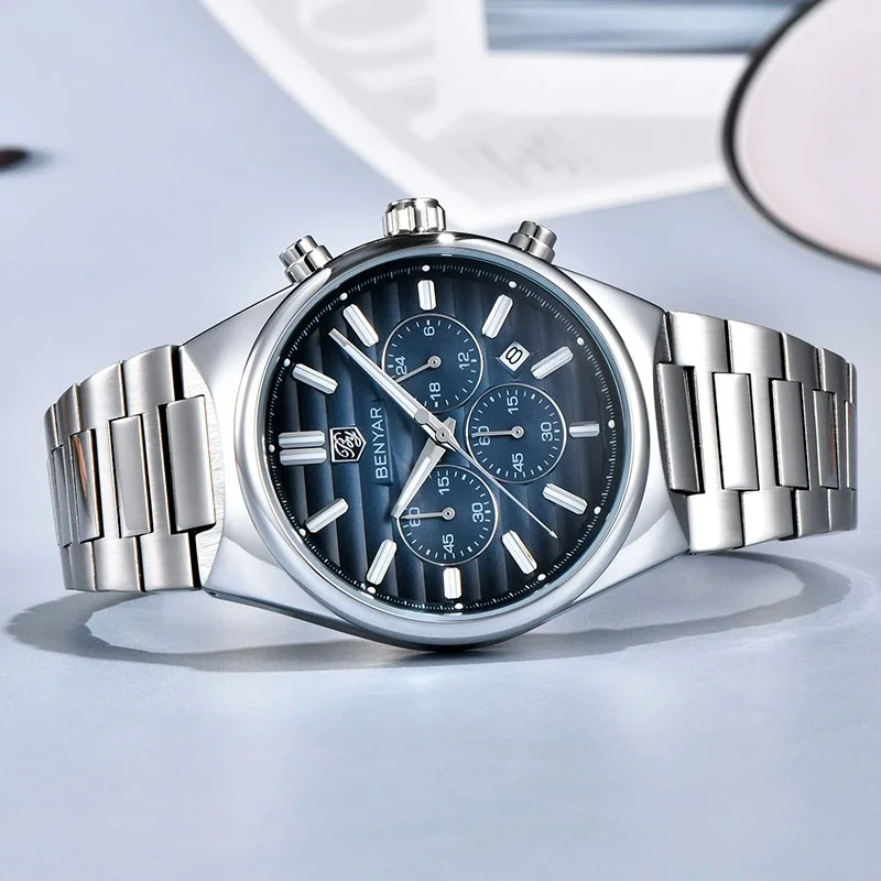 BENYAR 5214M الأعمال الجديدة الأنيقة ساعة كوارتز رجالية رائجة البيع مقاوم للماء كرونوغراف ضوء الليل التقويم ساعة reloj hombre