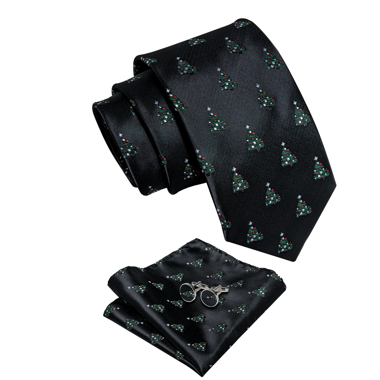 Fashion Christmas Party Black Tie for Man Party Luxury 8 CM Green Christmas Tree Pattern Pocket Square Cufflinks for Man Necktie