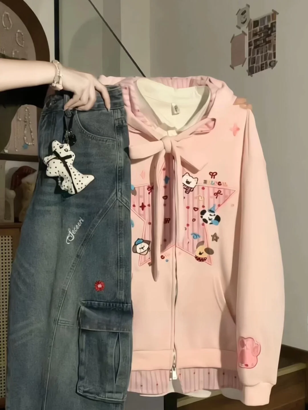 

Корейская женская толстовка-кардиган с вышивкой в виде собаки и звезды, розовая, мягкая, милая, повседневная, удобная, хлопковая, на молнии, верхняя одежда