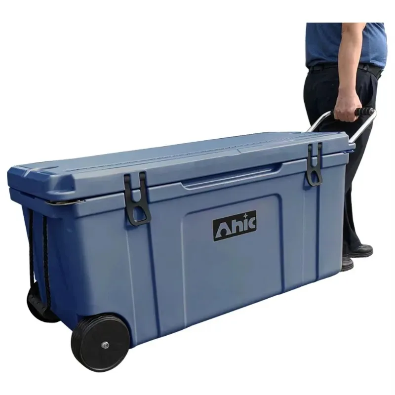 

Modern 120L cooler tie rod wheel plastic cooler box food and beverage wine can fishing traveler custom logo cooler box