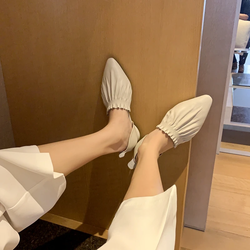 Genuine Leather Pointed Young Lady Streetwear Dating Pleated Solid Korean Girl Leisure Toe Slip on Sandals Women 2022 Summer New