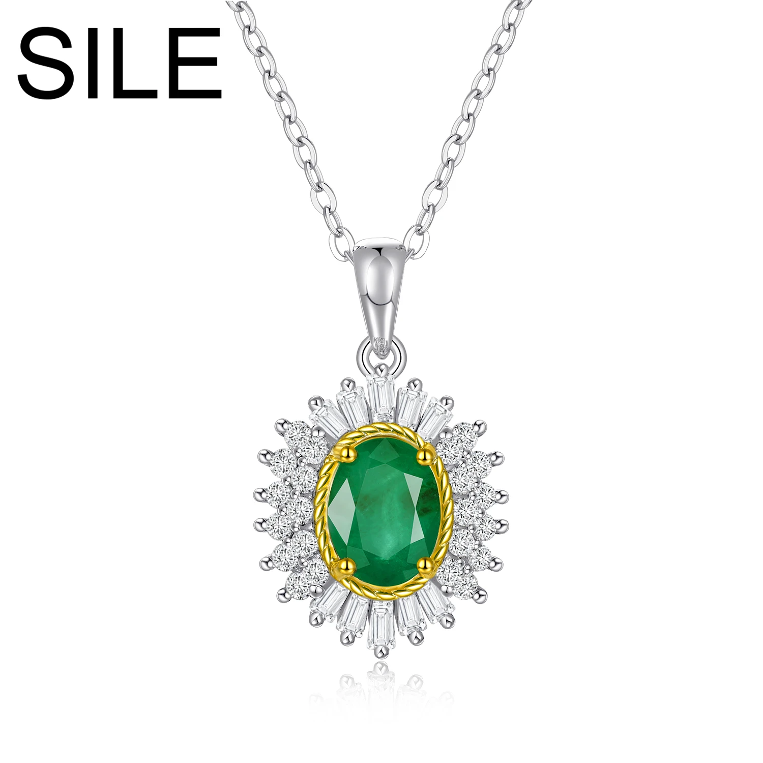 

SILE Natural Emerald Gemstone Pendants Necklaces Luxury 100% 925 Sterling Silver Fine Jewelry Women Party Dating Wedding Jewels