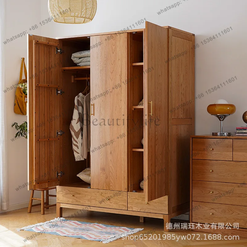 Factory Direct Sales Solid Wood Wardrobe Cherry Wood Large Wardrobe with Drawers Japanese Simple Locker