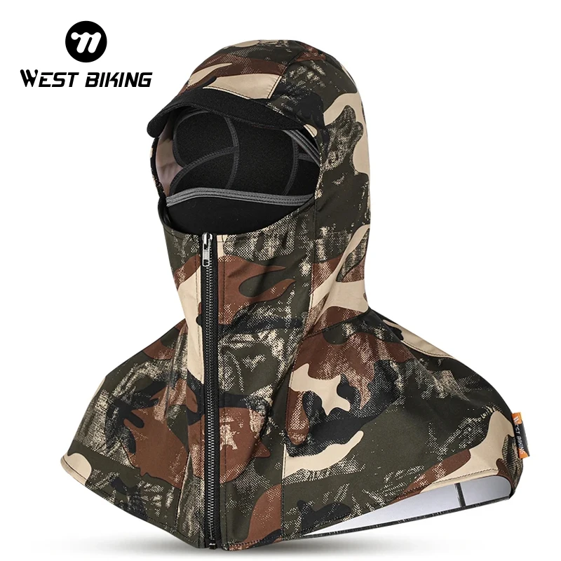 WEST BIKING Warm Winter Camouflage Balaclava Waterproof Shawl 2 In 1 Cycling Caps Motorcycle Windproof Zipper Closure Long Hoods