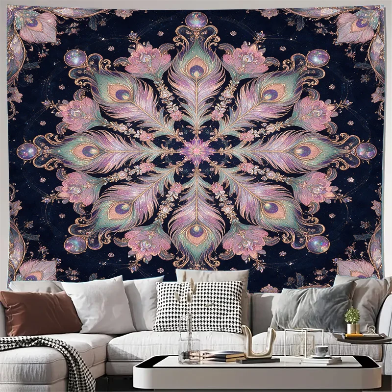Elegant Peacock Feather Baroque Curtains Navy Blue Translucent Drapery Home Decor Luxury Gothic Style Window Curtains for Bedroo
