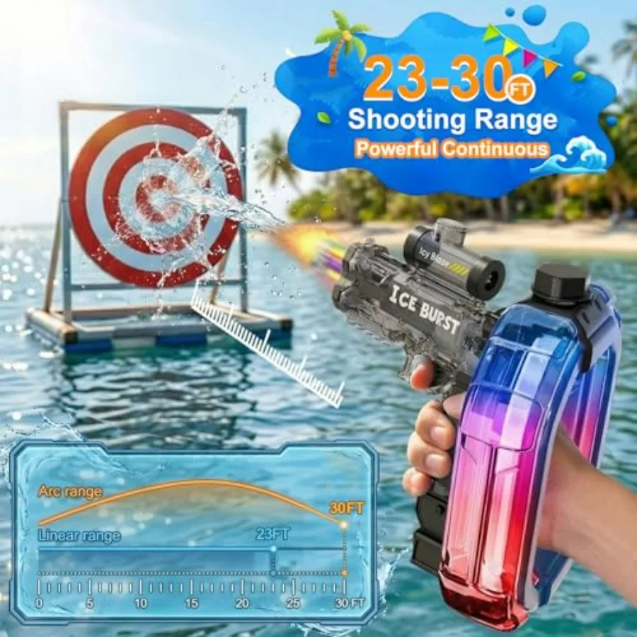 Outdoor pool party electric water gun for adults and kids, transparent ABS plastic, blue and red, automatic trigger with LED li