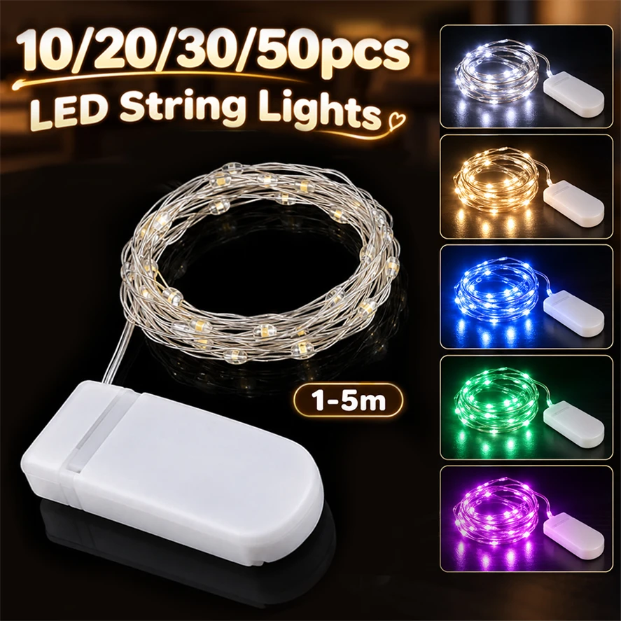 50~10PCS LED String Lights 1-5M Battery Operated Copper Wire Fairy String Lights Waterproof Wedding Festival Christmas Parts