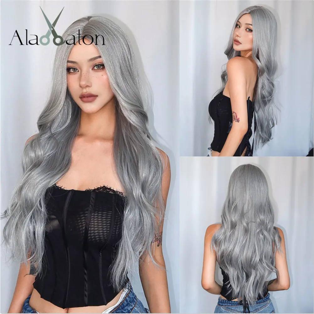 ALAN EATON Sliver Gray Wavy Synthetic Wigs for Women Long Natural Layered Wig Middle Part Daily Wig Party Heat Resistant Hair