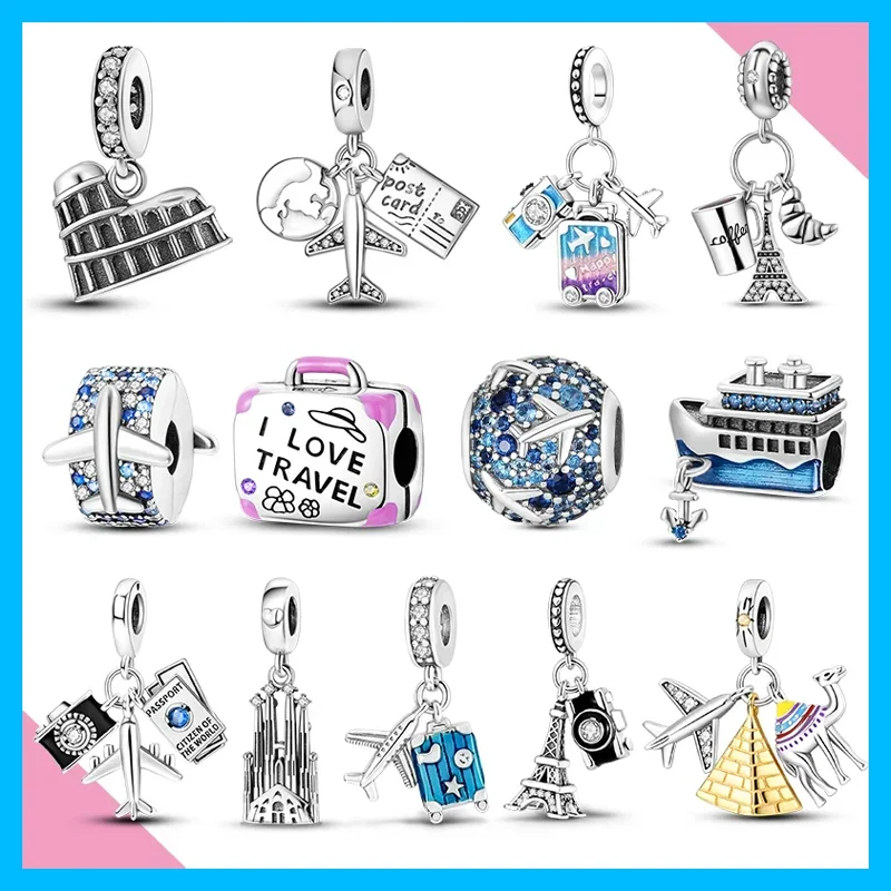 Passport Globe Camel Cathedral Travel CZ Original Charms Silver Plated Beads Fit Bracelets Bag Keychain Diy Women Gift Accessory