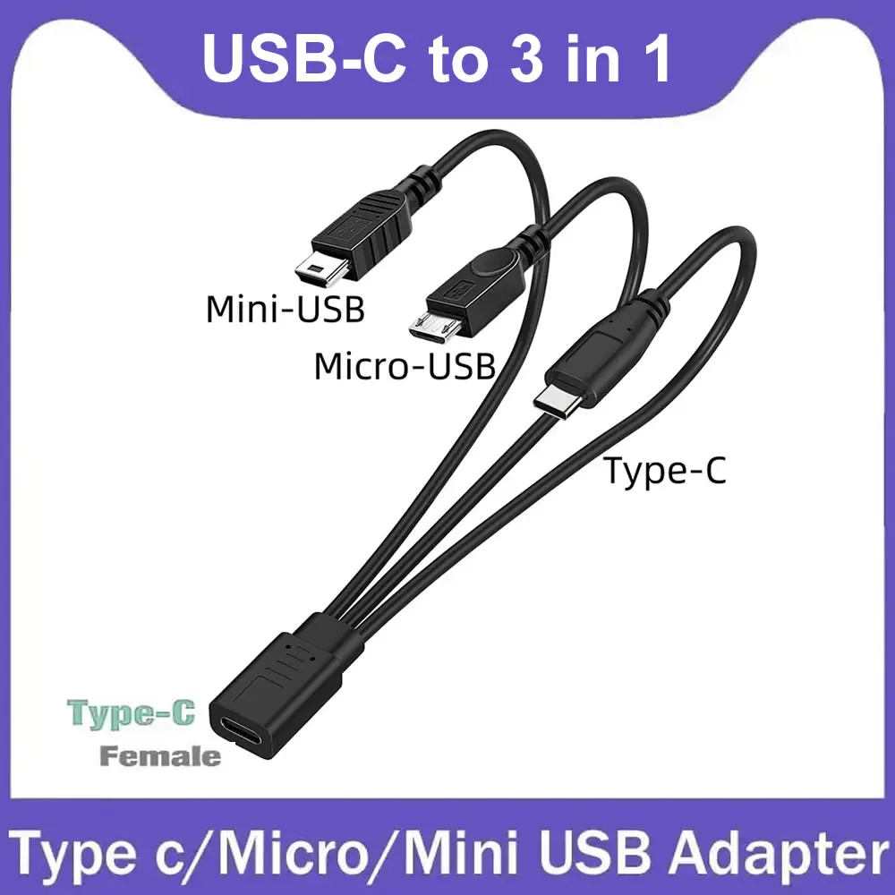 3 in 1 USB C Splitter Cable Type-C Extension Cable USB-C Female to Type C / Micro USB / Mini USB Multiple Devices Charging Cord