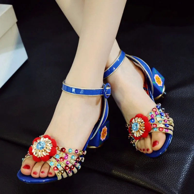 Bohemia Print Floral Chunky Heel Sandalias Female Blue Red Prom Wedding Shoes Woman Ankle Strap Sequins Rhinestone Sandals