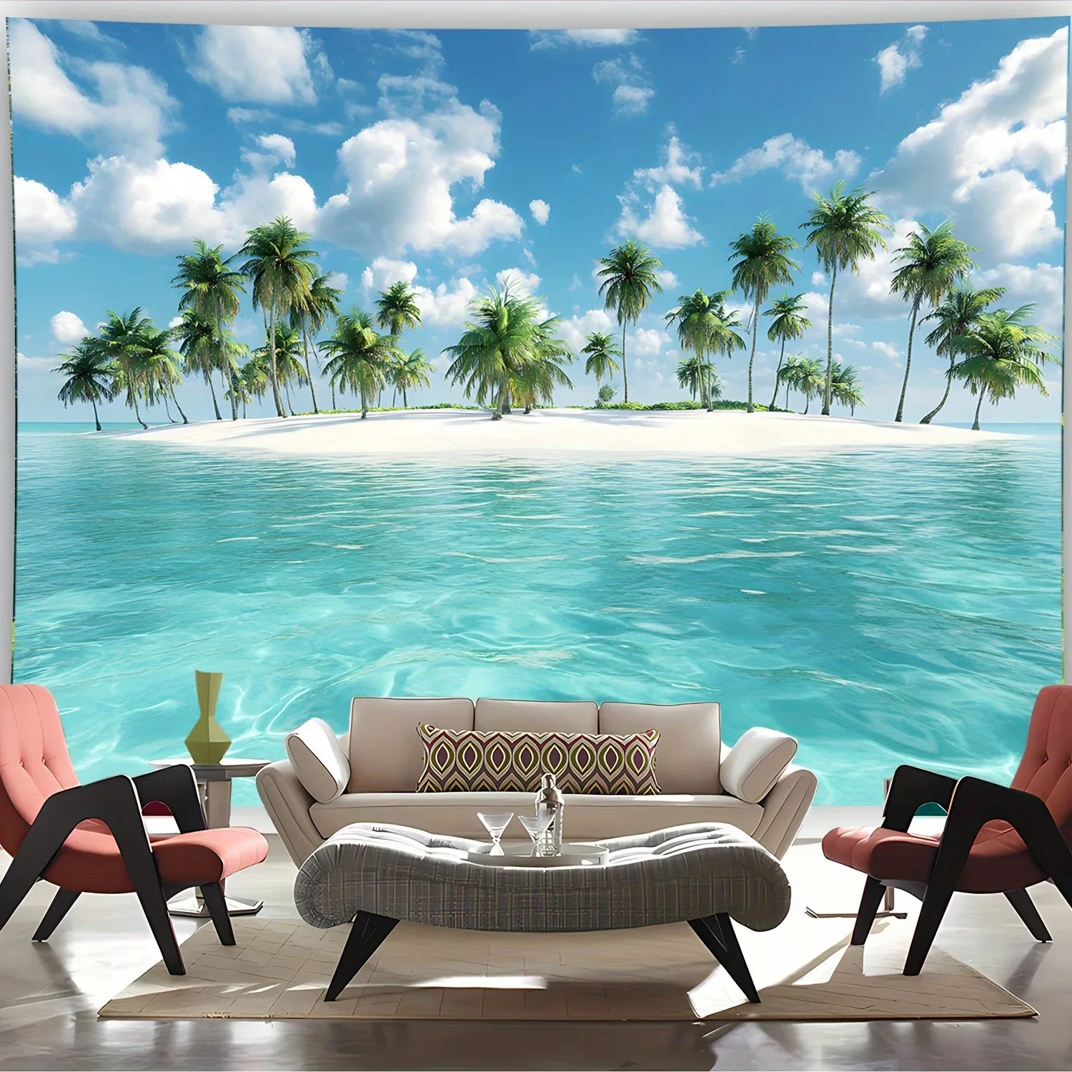 2D Flat Ocean Beach Landscape Tapestry Oversized Living Room Bedroom Office Party Decor Photo Background Art Wall Decor view 4