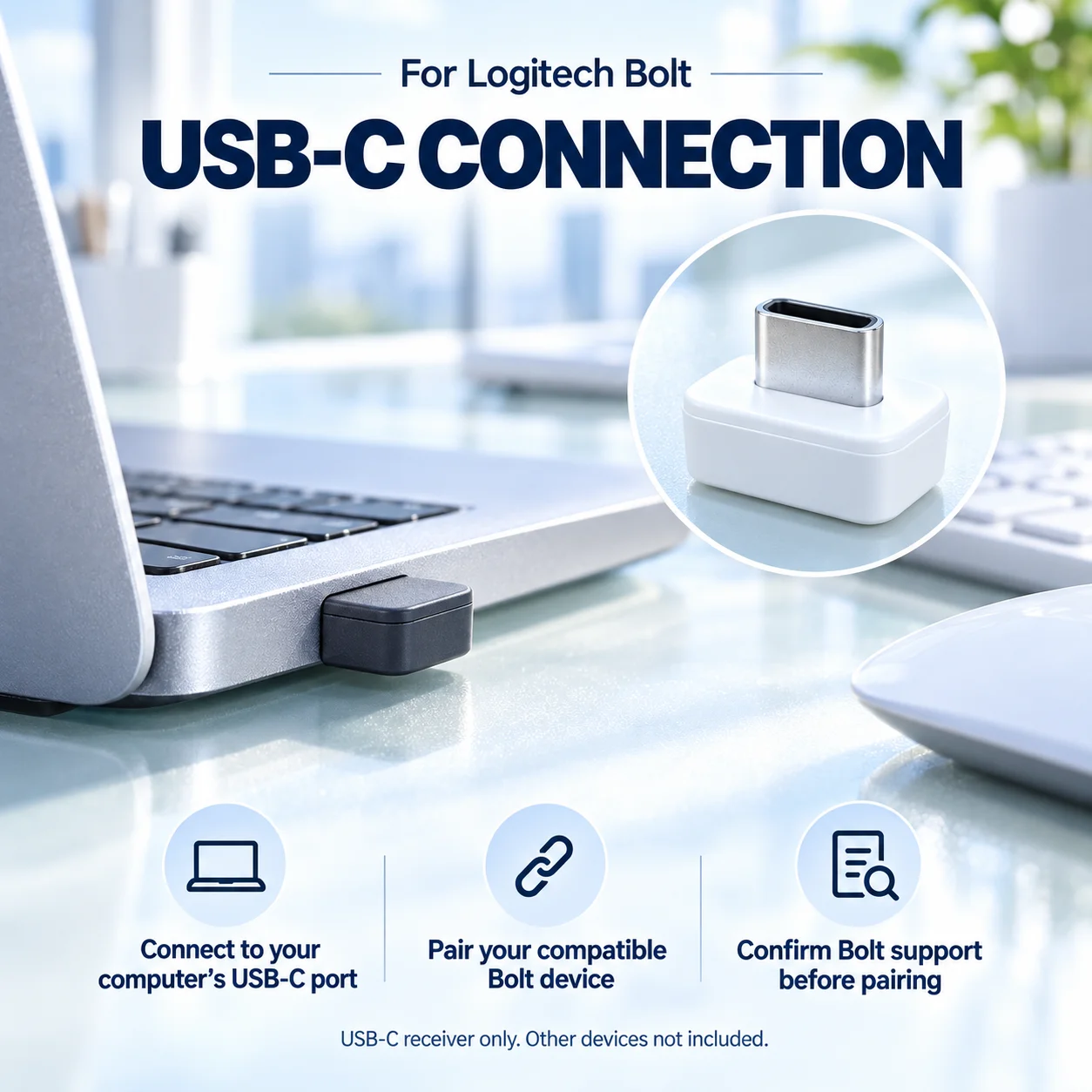 USB-C Receiver Compatible with Logitech Bolt MX Keys Mini K860 POP Keys Mouse MX Master 3S MX Anywhere 3 Wireless Adapter