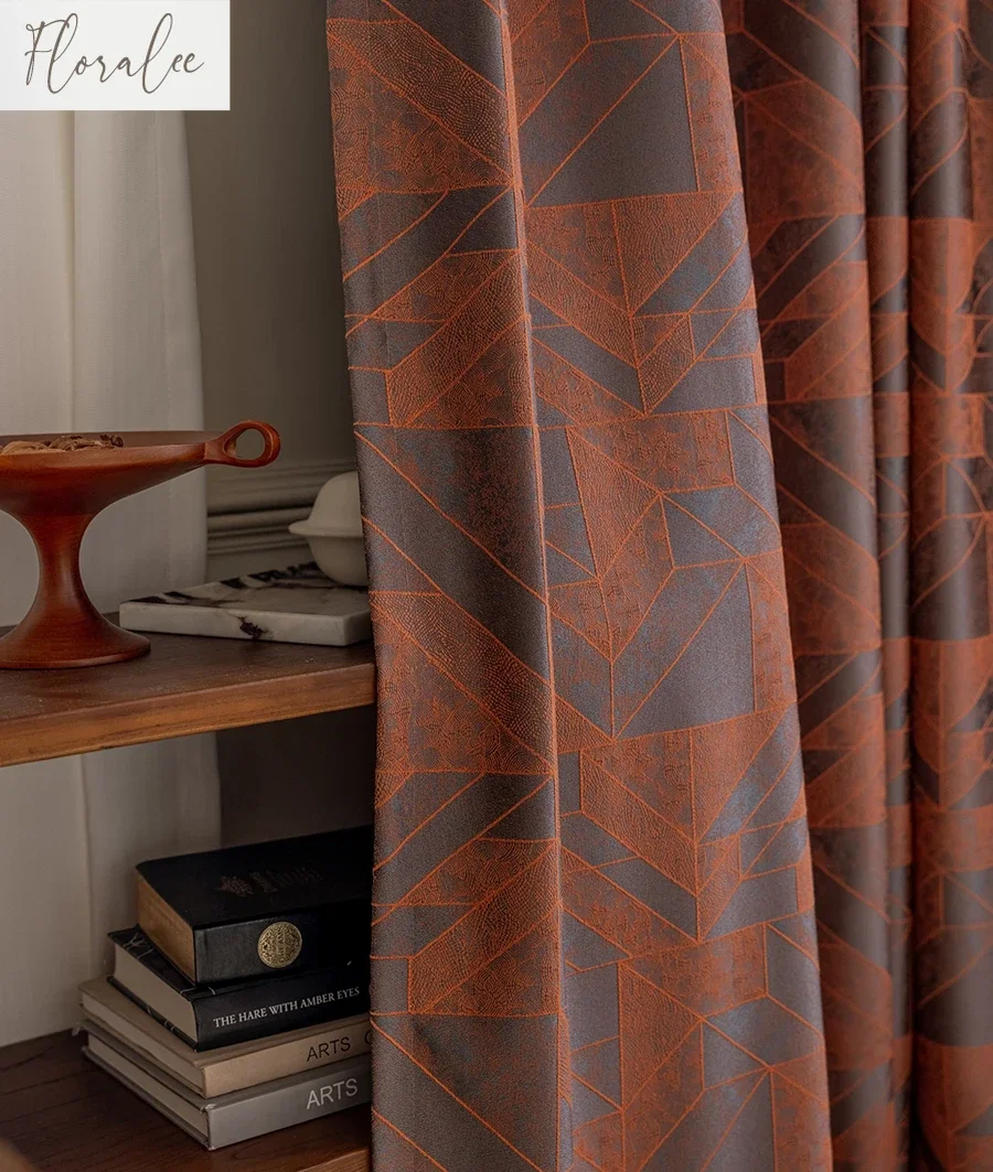 Vintage Red Irregular Jacquard Thickened Blackout Sound Insulation Curtains For Living Room Bedroom French Window Balcony