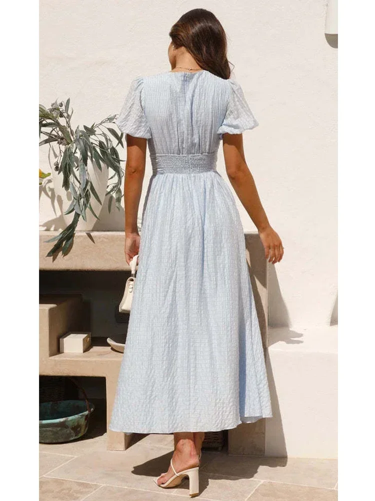 V-neck Yellow Puff Sleeve Split Solid Summer Women Dress 2025 A-line Maxi Long Sundress Vestido Button Beach Dress Party