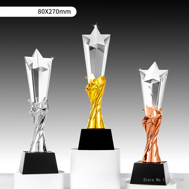 Customized Five pointed Star Pillar Crystal Trophy, Excellent Souvenir Reward Home Decoration Honor Gold Silver Copper Medal 1Pc
