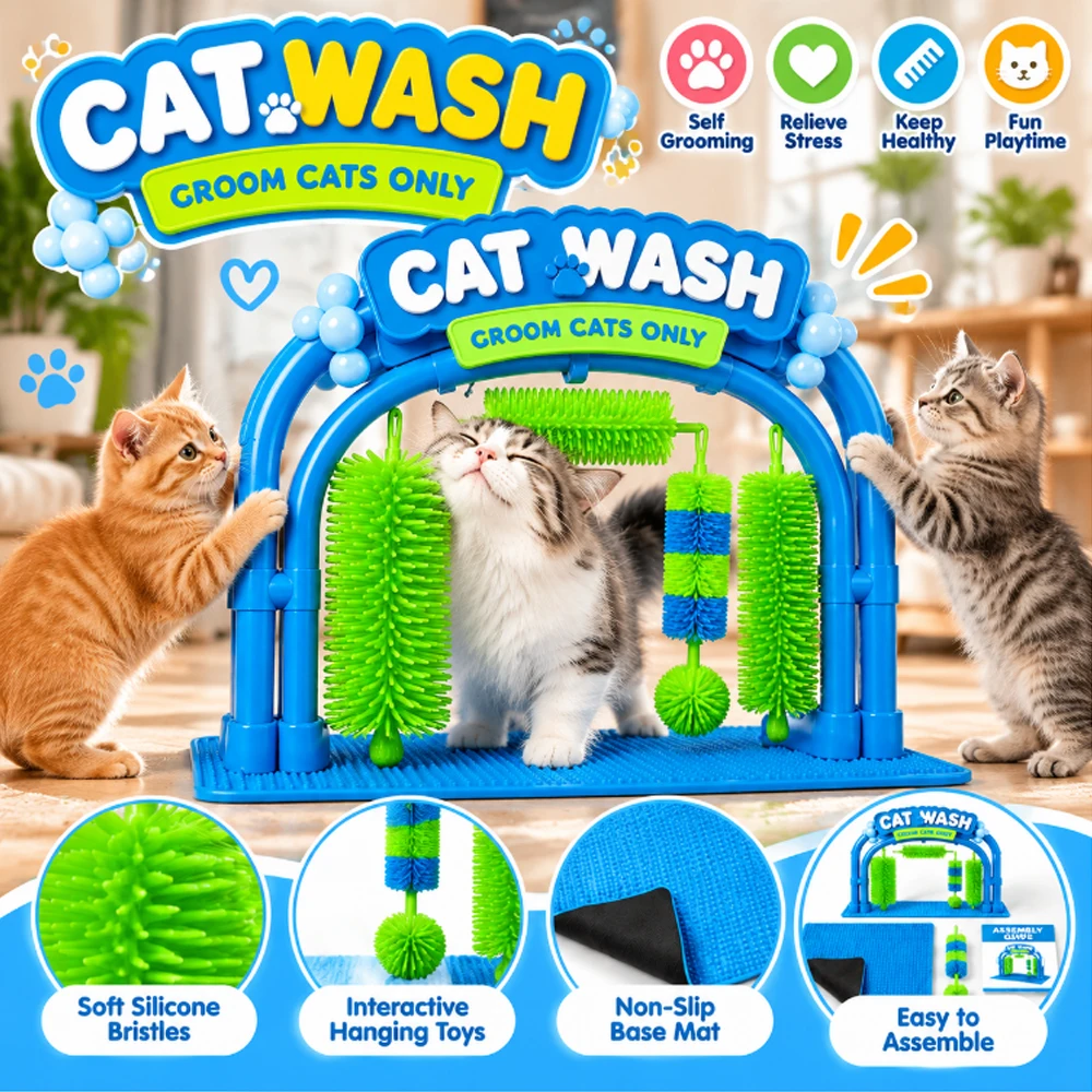 Cat Wash Grooming Station, Cat Car Wash Toy, The Cat Wash Scratcher, Self Grooming Arch with Soft Brushes Helps Cats Enjoy Massa