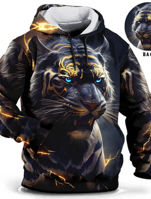 Vintage Tiger Męska bluza z kapturem z nadrukiem 3d Moda Zwierzęca grafika Długi rękaw Mężczyźni Oversized Streetwear Tees