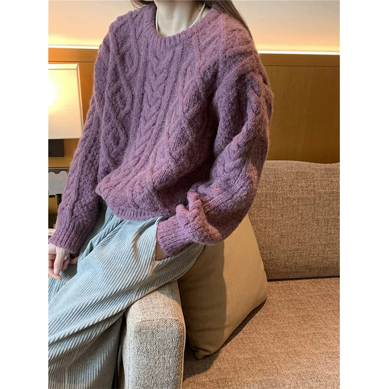 

Женский вязаный свитер Ele Lazy Sle Dongdaemun 26 осенний, фиолетовый, с цветочным узором, повседневный, с круглым вырезом, милый, с длинными рукавами