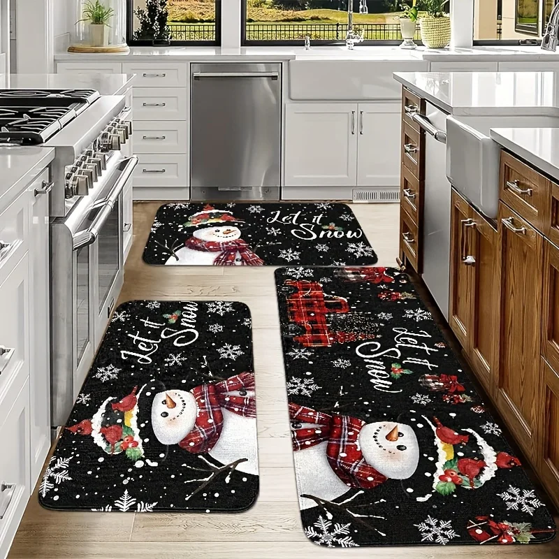 VIKAMA Christmas Snowman Red Plaid Truck Snowflake Kitchen Rug Set Non Slip Washable Floor Mat Indoor Holiday Decor