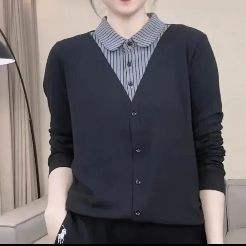 Women's Fashion Lapel Patchwork Fake Two Piece Stripe Blouse 2026 Spring Autumn New Versatile Base Layer Office Top