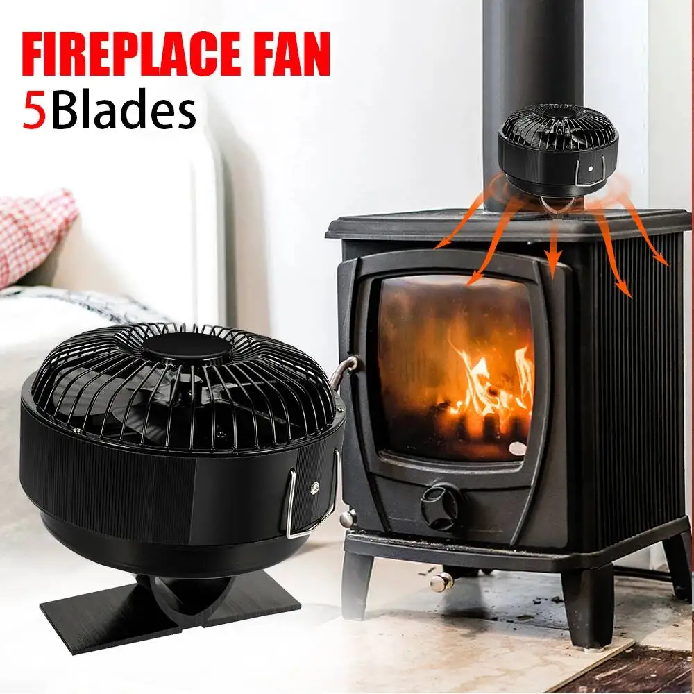 Outdoor 5 Blades Stove Powered Round Log Wood Fireplace Fan Burner Quiet Free-Standing Home Warmer Efficient Heat Distribution