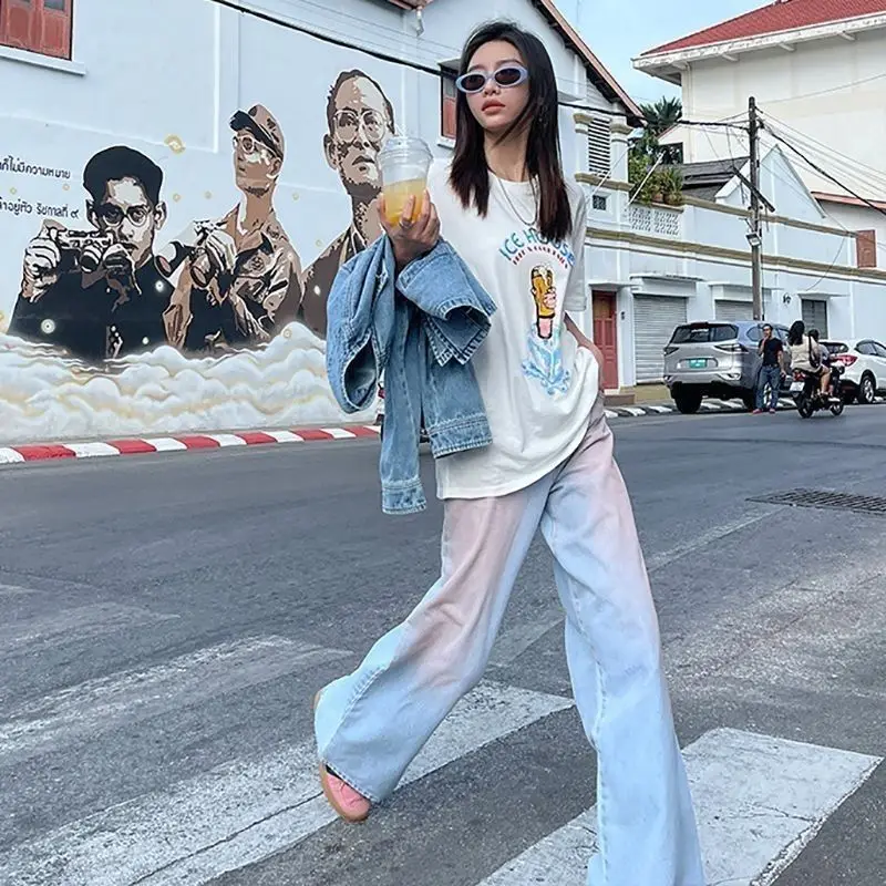 청바지 여자 그라디언트 봄 여름 느슨한 스타일 높은 허리 패션 캐주얼 새로운 패션 여성 청바지