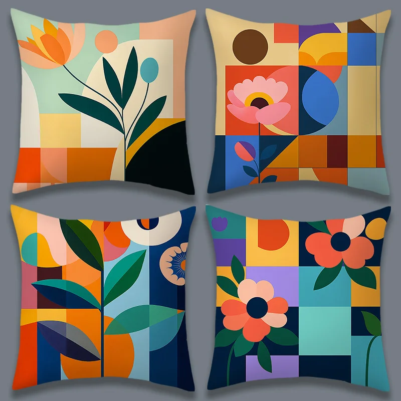 Modern Geometric Floral Throw Pillow Covers Colorful Abstract Flower Print Cushion Cases, Mid-Century Home Decor for Living Room