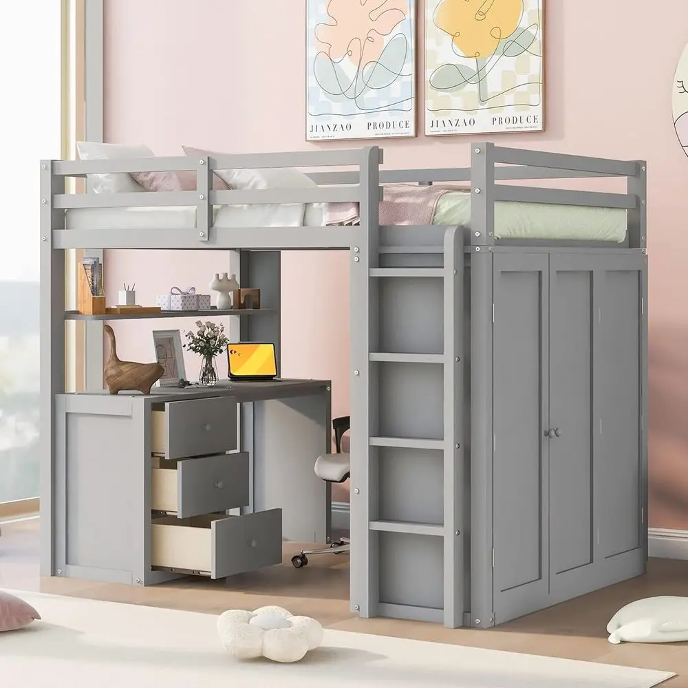 

Gray Wooden Loft Bed with Desk and Wardrobe for Kids, Teens - Storage Friendly