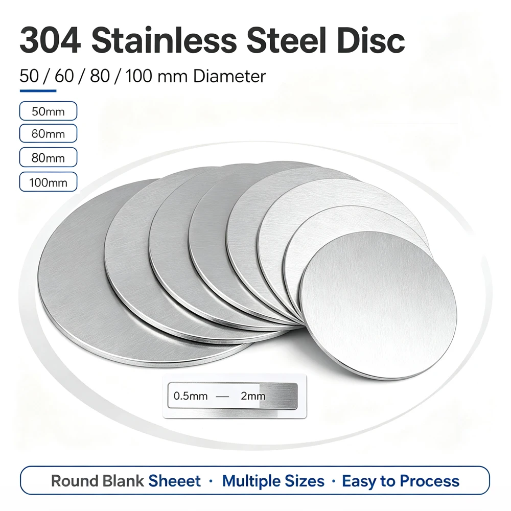 1-10Pcs 50/60/80/100mm 304 Stainlesss Steel Disc, 0.5-2mm Thick Round Solids Plate Metal Gasket Washer for Craft Repair