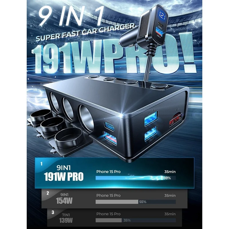 Super Sale 191W Car Charger Splitter with 2 PD/QC3.0 and ‌Isolated Switches DC Outlet Car Charger for Truck SUV RV