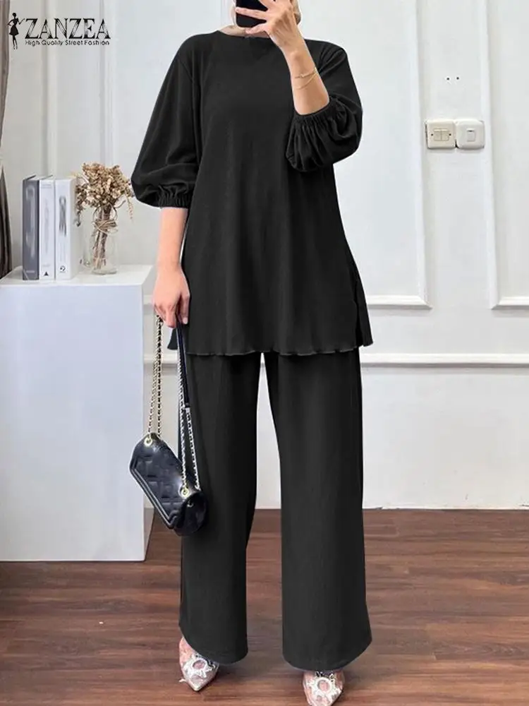 

ZANZEA Muslim Women Fashion Matching Sets 2PCS Casual Long Sleeve Blouse Pants Sets Solid Loose Dubai Turkey Abaya Outifits