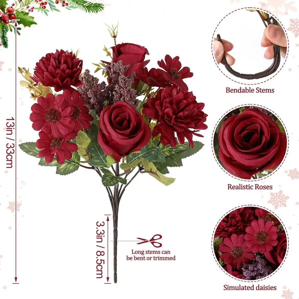 Multicolor Rose Artificial Flower Rose Daisy Globe Chrysanthemum Faux Flower Photo Props Green Leaves Decorative Flower Bouquet